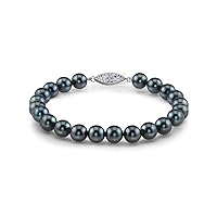 The Pearl Source 14K Gold 6-6.5mm Round Black Japanese Akoya Saltwater Cultured Pearl Bracelet for Women