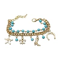 Women Gold Metal Chain Bracelet - Western Fashion Jewelry Turquoise Blue Beads Rodeo Style z121