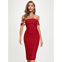 Women's Dress Off Shoulder Ruched Side Split Back Bandage Dress Dress for Women (Color : Red, Size : Large)