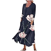 Dresses for Women 2023 Fation Floral Print Maxi Dress Three Quarter Sleeves Cotton Summer Dress with Pockets