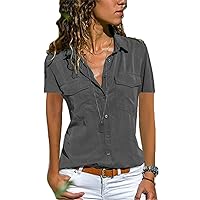 Women's Short Sleeve Button Down Shirts Cotton Casual Beach Blouses with Pockets Lapel Collar V Neck Solid Blouse