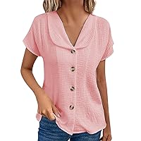 Women's Summer Tops 2024 Shirt Solid Color Slim Fitting V-Neck Button Cardigan Short Sleeved Top, S-2XL