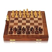 Magnetic Decorative Wooden Chess Board Set with Handmade Pieces - Storage Slots Folding Portable Travel Unique Chess Game for Adults & Kids Portable Travel Unique Puzzle Game (7 x 7 Inches)