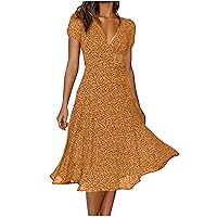 Womens Polka Dots Print Dress A Line Flared Midi Dress Short Sleeve Wrap V-Neck Casual Summer Beach Boho Dresses