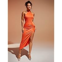 Women's Dress Twist Front Split Thigh Halter Neck Backless Bodycon Dress Dress for Women (Color : Orange, Size : Small)