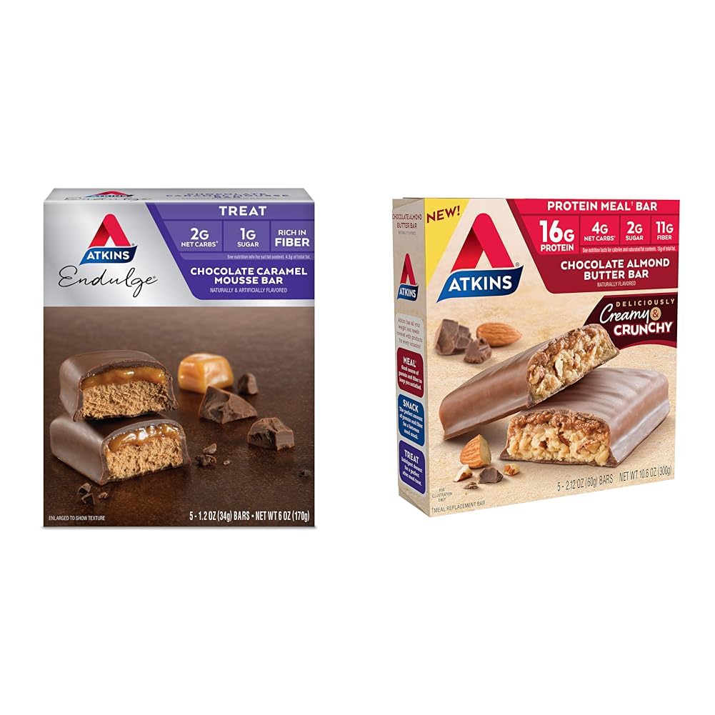 Atkins Endulge Chocolate Caramel Mousse Bar, Dessert Favorite, 1g Sugar, High in Fiber, 5 Count & Chocolate Almond Butter Protein Meal Bar, Keto Friendly, 5 Count