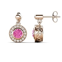 Round Lab Created Pink Sapphire & Natural Diamond 1.64 ctw Halo Drop and Dangle Earrings 14K Gold
