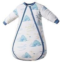 Baby Sleeping Sack, 100% Cotton Wearable Blanket Blue Baby Smart Thermostatic Baby Sleep Bag with Detachable Long Sleeve 1.0 TOG (24-36 Months, L)