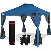 CROWN SHADES 10x10 Pop up Canopy Outside Canopy with 4 Removable nettings with Door,Patented One Push Tent Canopy with Wheeled Bag, Bonus 8 Stakes and 4 Ropes and 4 Weight Bags, Blue