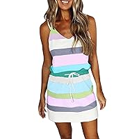 Women's Striped Summer Dresses Mini Sundresses Beach Sling Dress for Women V Neck Sleeveless Vest Dress with Pocket