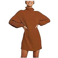 Turtleneck Sweater Dress for Women Solid Ribbed Knit Pullover Mini Dresses Trendy Long Sleeve Tunic Sweaters Skirt