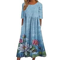 Women's Casual Crewneck Pocket Pullover Print Long Dress Plus Size Summer Dresses for Women
