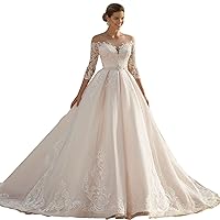 Women's Elegant A-Line Scoop Neck Wedding Dress Half Sleeve Lace Applique Bridal Gown with Beaded Belt
