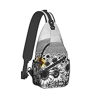 Black And White Sunflowers Print Crossbody Backpack Shoulder Bag Cross Chest Bag For Travel, Hiking Gym Tactical Use