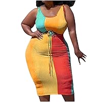Plus Size 2 Piece Dress Outfits for Women Loose Sleeveless Bandage Wrap Crop Tops and Midi Skirt Suits Colorblock