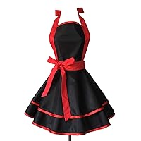 Hyzrz Lovely Handmade Cotton Retro Black Aprons for Women Girls Cake Kitchen Cook Apron for Mother's Gift (Red)