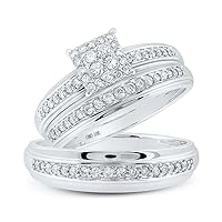 His and Hers Bridal Womens and Mens Engagment and Wedding Band Complete Trio Matching Wedding Rings Set 10K White Gold Round Diamond Square 1/2 Cttw