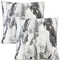 Pack 2 Natural Fur Throw Pillow Covers Sham Soft Luxurious Real Rabbit Fur Pillow Cover with Zipper Gray White Fluffy Pillowcase for Home Couch Sofa Bedroom