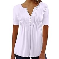 Womens Short Sleeve Tunic Tops V Neck Henley Shirts Dressy Casual Summer Solid T Shirts Ladies Loose Button Up Blouses