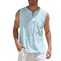 Mens Cotton Linen Hippie Tank Tops Lace Up Casual Summer Beach Henley Shirts Workout Muscle Gym Sleeveless Cut Off T Shirt