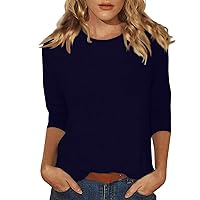 Womens 3/4 Sleeve Tops Crewneck Solid Color Loose Fit Blouse Summer Casual Tunic Lightweight Basic Tshirts