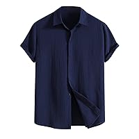 Mens Summer Short Sleeve Hawaiian Shirts Solid Color Turndown Collar Loose Casual Comfy Cotton Linen Button Shirt