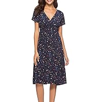 Woman Summer Dress Beach Dresses for Women 2024 Vacation Floral Print Casual Pretty with Short Sleeve V Neck Summer Dresses Navy Large