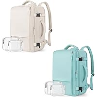 Reliable Travel Backpack for Women(Beige + Blue Green), Carry-ons Backpack Personal Item Size, Waterproof College Backpack, Business Work Hiking Casual Daypack Bag, Fits 17.3