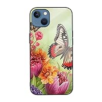 Blue Butterfly and Flowers Printed Case for iPhone 13 Cases, Tempered Glass Shockproof Phone Case Cover for iPhone 13 Case 6.1 Inch,Not Yellowing