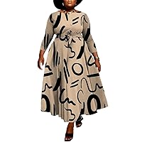 WUSENST Plus Size Formal Dresses for Curvy Women 3/4 Sleeve A-Line Flowy Printing Maxi Dress Pockets