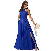 Royal Blue Plus Size Bridesmaid Dress with Pockets Chiffon Halter Evening Dress for Wedding Size 18W