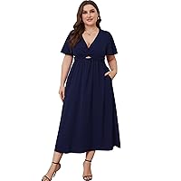 2023 Plus Size Maxi Dress Curvy Women's Flowy Ruffle Sleeves Tie Waist for Wedding Guest Cocktail Party