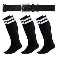 Youth Baseball Socks and Belt Combo Set, 3 Baseball Softball Socks and 1 Belt Adjustable Elastic Waist Belt for Boys Girls