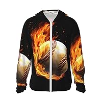 Fire Baseball Print Sun Protection Hoodie Jacket Full Zip Long Sleeve Sun Shirt With Pockets For Outdoor