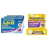 Advil Junior Strength Chewable Ibuprofen Grape Tablets Pack of 3 and Dramamine Motion Sickness Relief Less Drowsy Formula Tablets 8 Count