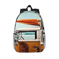 Vintage Van in The Beach with a Surfboard Print Backpack for Women Men Lightweight Laptop Bag Casual Daypack Laptop Backpacks 15 Inch