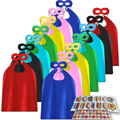 ADJOY Children Superhero Capes and Masks 14 Sets with Superhero Stickers - Kids Birthday Party Dress Up Capes