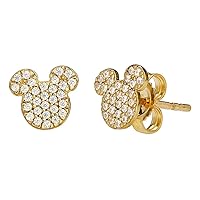 Lovely Mickey Mouse Animal Round Cut White Cubic Zirconia 14K Yellow Gold Over.925 Sterling Sliver Stud Earrings For Women's Girl Birthday Gifts