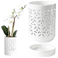 1PC Orchid Pots with Holes 4 Inch Orchid Planter, Breathable Orchid Pots for Repotting Ceramic Plant Pot with Saucer for Orchid Promotes Air Circulation Plant Growth White