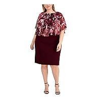 Connected Apparel Womens Burgundy Stretch Zippered Floral Chiffon Popover Sleeveless Round Neck Knee Length Wear to Work Shift Dress Plus 24W