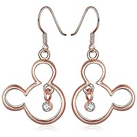 14K Rose Gold Plated .925 Sterling Sliver Cubic Zirconia Mickey Mouse Fish Hook Earring For Women's Girls