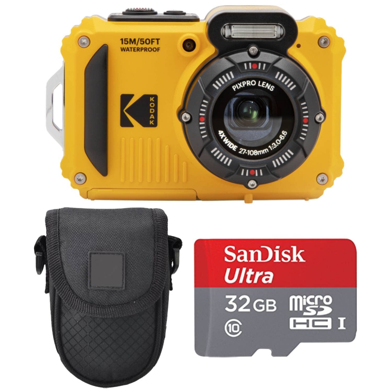 Kodak PIXPRO WPZ2 Digital Camera + Black Point & Shoot Case + 32GB microSDHC Card (Yellow)