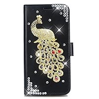 Crystal Wallet Phone Case Compatible with iPhone 13 Pro Max - Peacock - Black&Colorful - 3D Handmade Sparkly Glitter Bling Leather Cover with Screen Protector [2 Pack]