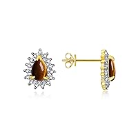 Yellow Gold Plated Halo Stud Earrings - 6X4MM Pear Shape Gemstone & Diamonds - Exquisite Birthstone Jewelry for Women & Girls