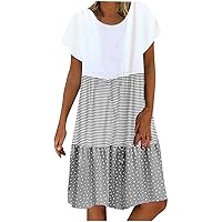 Women's Midi Kaftan Dresses Summer Casual Loose Stripe Polk Dot Printed V-Neck Short Sleeves Beach Boho Sundress