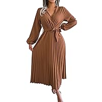 Womens Maxi Dress Summer Womens Elegant Temperament Large Long Sleeve Solid V Neck Lace Pleated Skirt