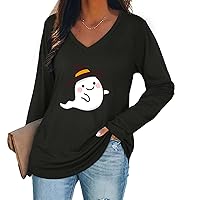 Women Long Sleeve Tops Spooky Ghost Halloween Tshirt Basic V Neck Loose Tunic Blouse Comfy T Shirts Sweatshirt