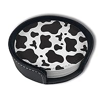 Cow Print Pattern Leather Drinks Coasters with Holder Set of 6, Suitable for Kinds of Cups