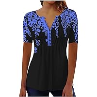 Womens Tunic Tops Hide Belly 2024 Summer Short Sleeve T Shirts Cute Loose Fit Flowy Henley Tshirt Casual Dressy Blouses