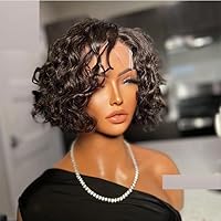 Water Wave 13x6 Lace Front Wigs for Women Brazilian Curly Bob Cut Wig Lace Frontal Short Wigs Human Hair Natural Color (130% Density, 8inch)